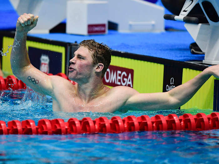 Kevin Cordes reacts to winning the men's 200m breaststroke during the 2017 USA Swimming Phillips 66 National Championships at Indiana University Natatorium.